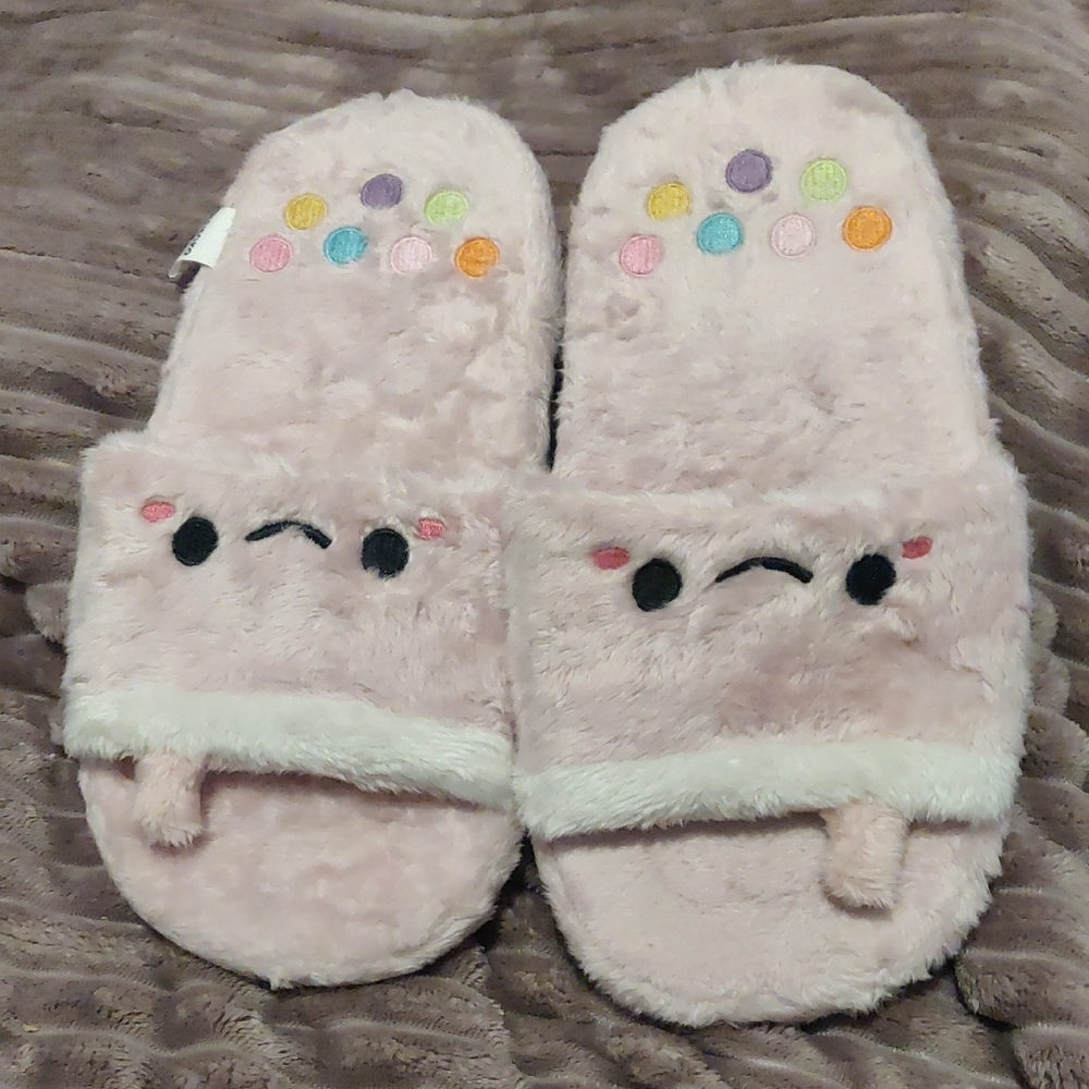Cute Pink Fuzzy Slippers with Colorful Dots
